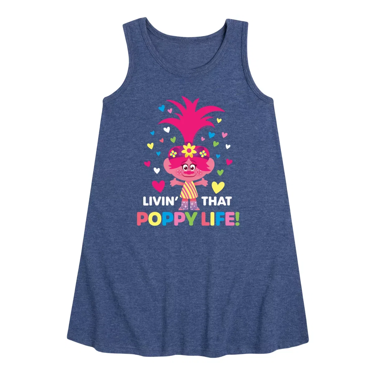 Детское платье-трапеция без рукавов с принтом Trolls Livin That Poppy Life, Heather Navy