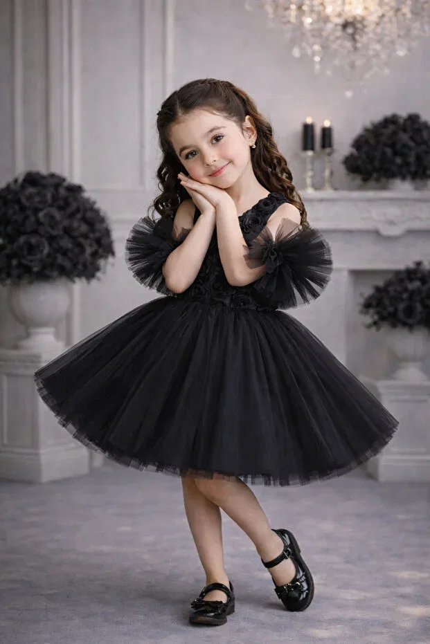 Детское платье для девочек с принтом Pompom Sleeves Rose Patterned Tulle Piece Party And Birthday Dress Evening Dress Mixie, Black — фото 2
