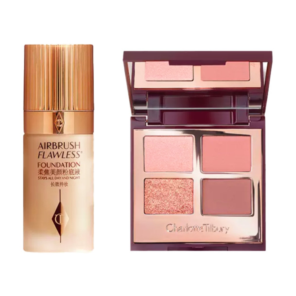 Набор для макияжа Charlotte Tilbury: тональная основа Airbrush Flawless Foundation и палетка теней Luxury Palette Pillow Talk