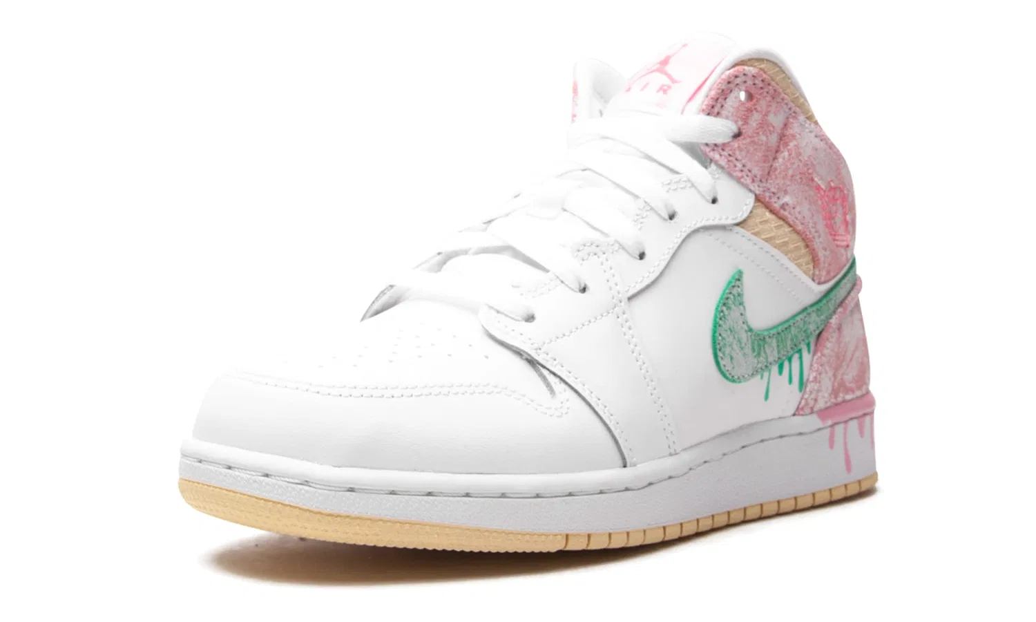 Детские кроссовки для девочек с принтом Air Jordan 1 Mid Se NIKE, White Pink Yellow Green — фото 4