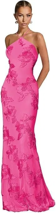 Женское вечернее платье-русалка с цветочным тюлем A-line Halter, Hot Pink