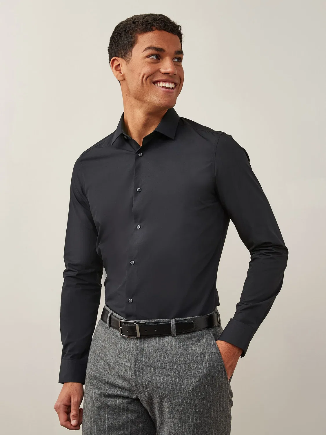 Рубашка с воротником, хлопок, модель Black Slim Fit Easy Care Next, черный