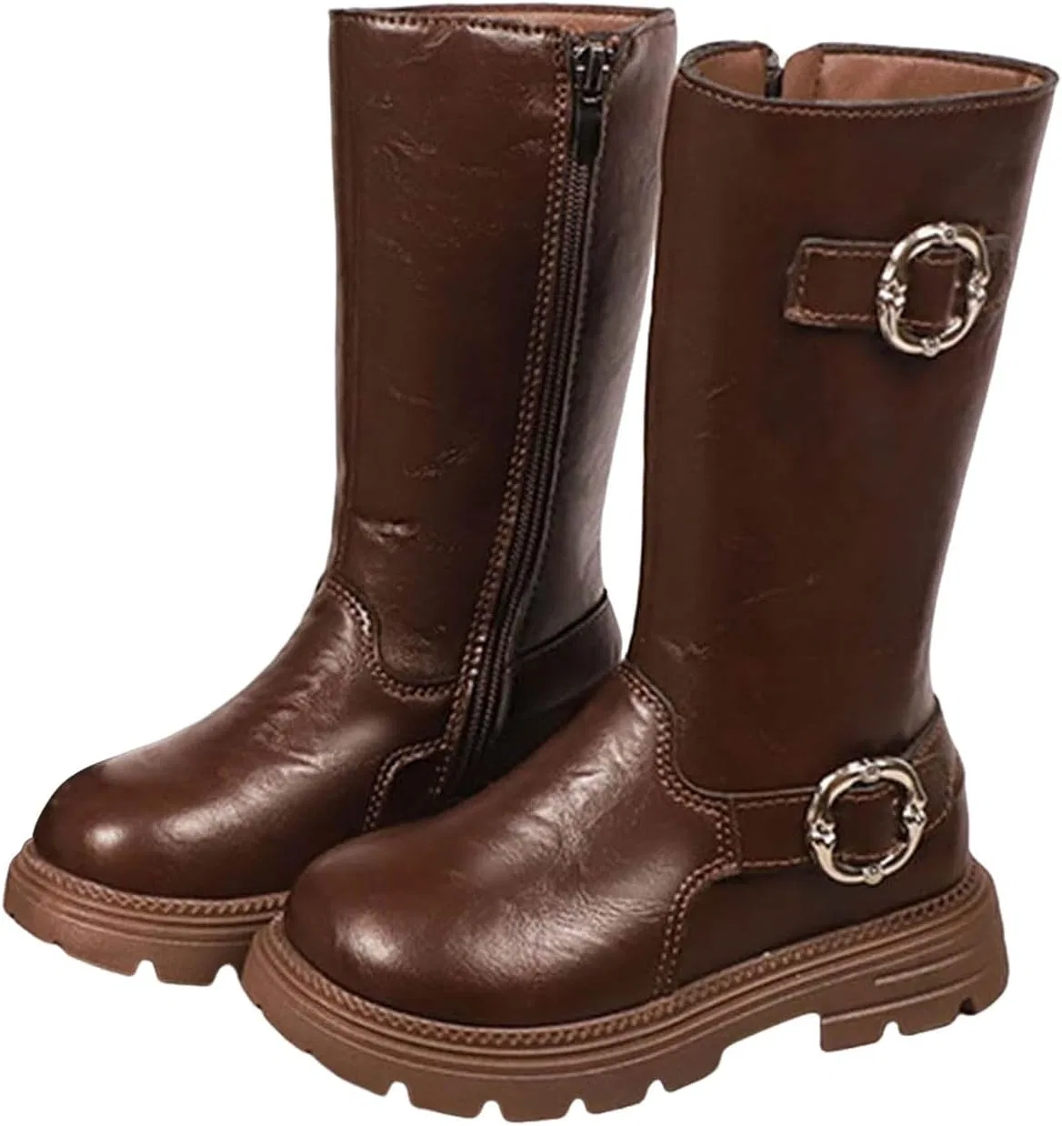 Детские ботинки для девочек с молнией и пряжками, модель Retro Biker Riding Boots, Brown — фото 3