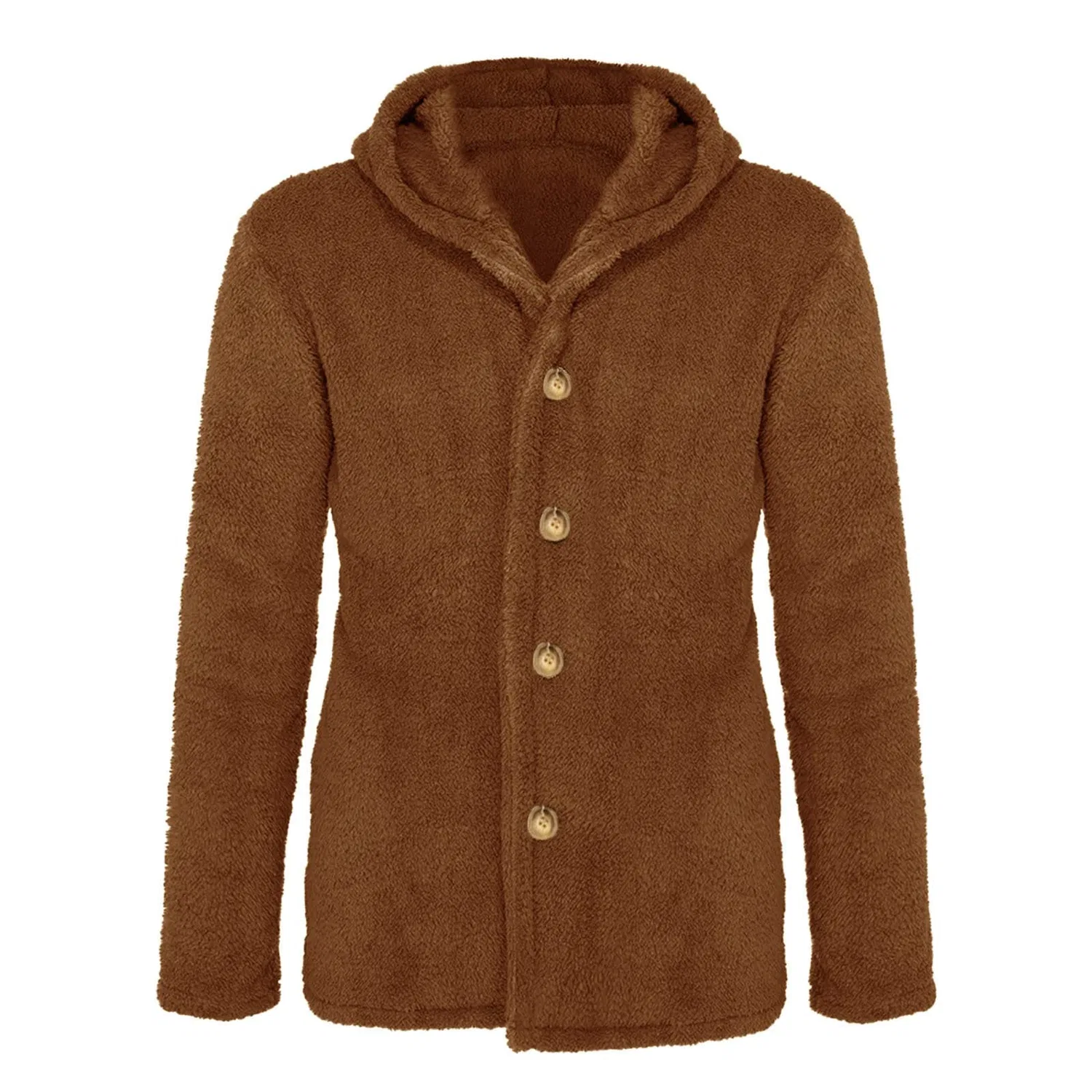Мужская куртка из флиса с капюшоном, однотонная, с длинным рукавом, Brown — фото 2