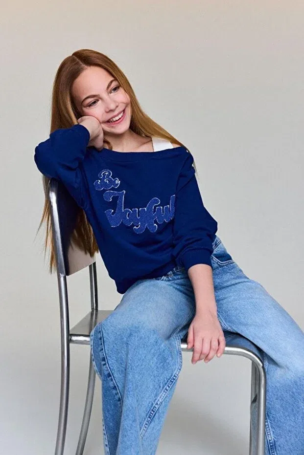 Детские свитшот для девочек с лозунгом Defacto, Navy Blue Nv42 — фото 4