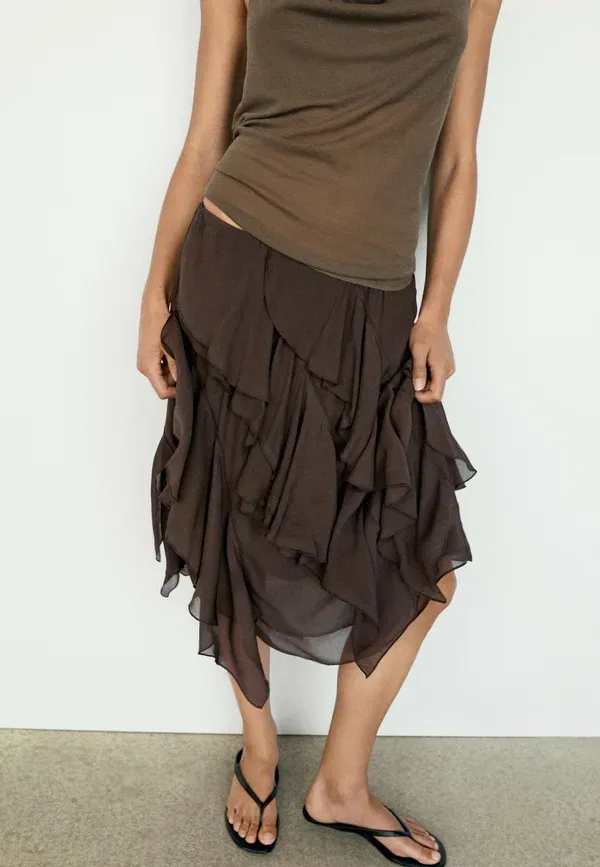 Юбка миди из вискозы Flowing ruffled midi skirt Massimo Dutti, темно-коричневый — фото 2