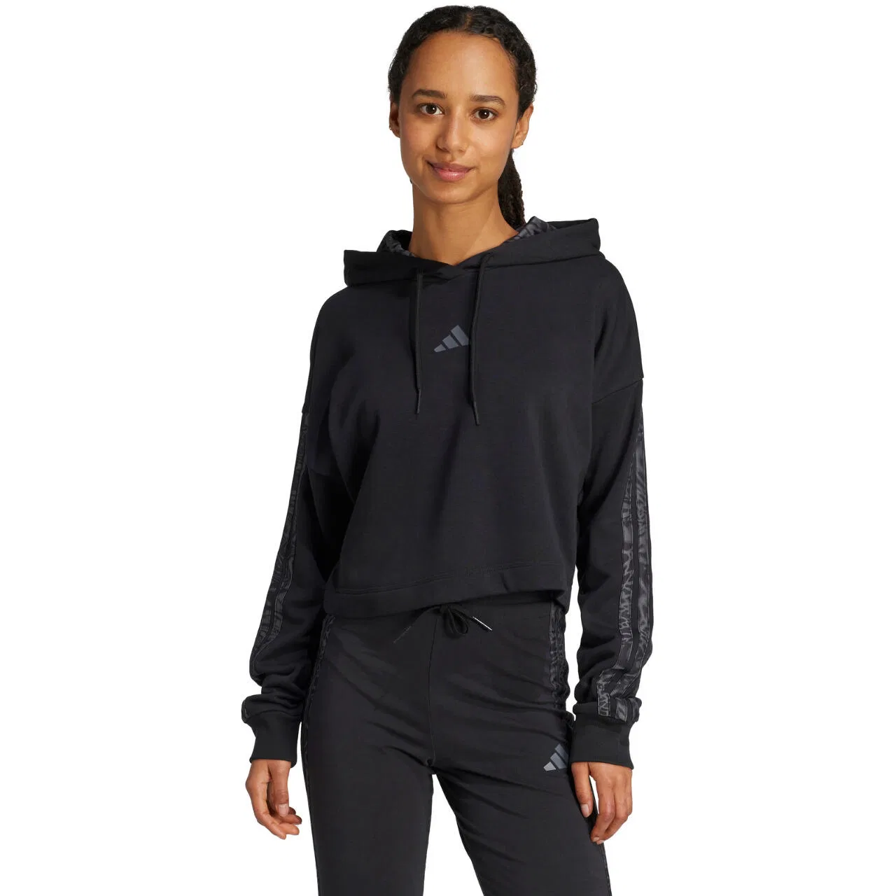 Женское худи с длинным рукавом adidas Essentials 3 Stripes Print French Terry Hoodie, Schwarz — фото 2