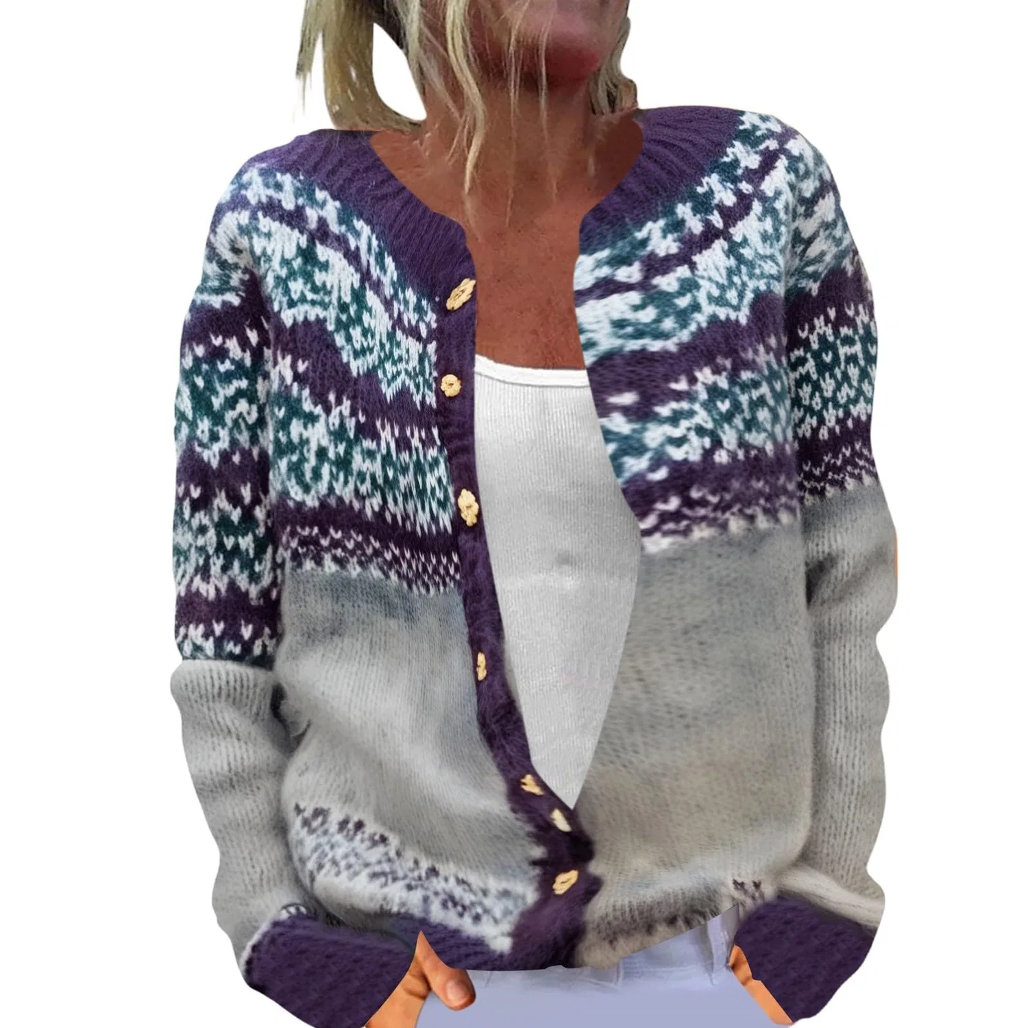 Женский кардиган с нордическим узором Fair Isle с длинным рукавом, Light Ash-b