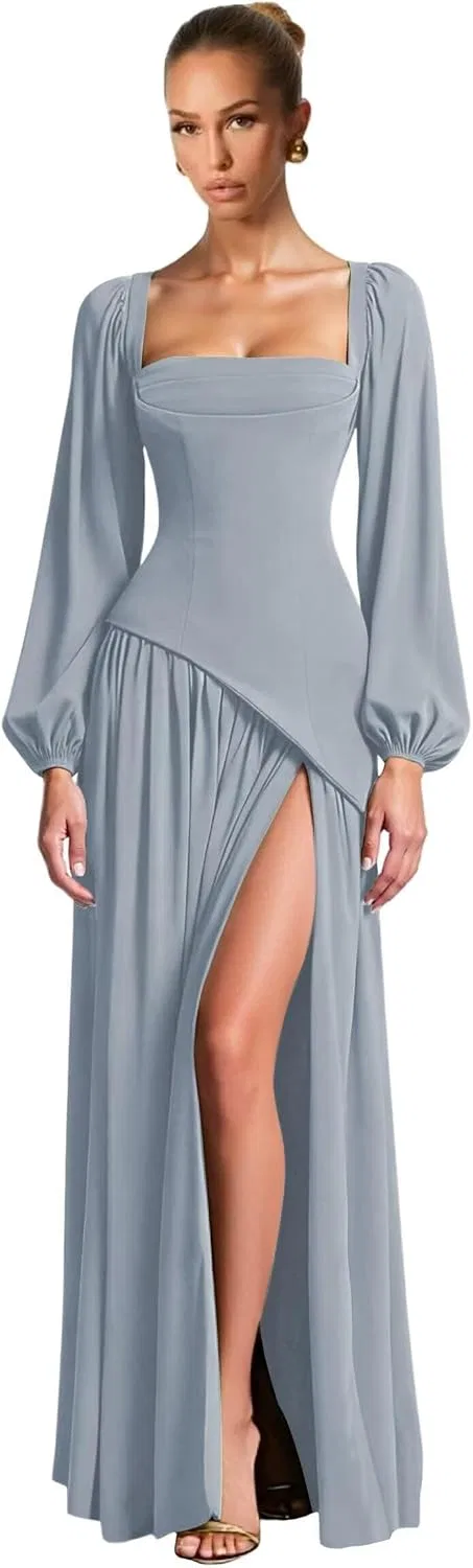 Женское длинное платье с разрезом A-line Chiffon, Dusty Blue