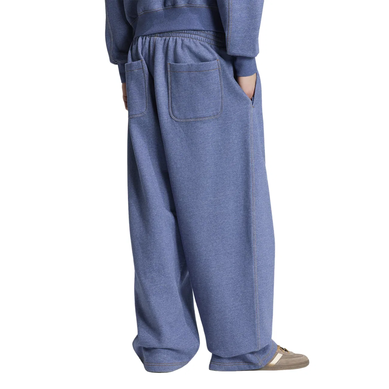 Мужские мешковатые брюки из футера с принтом Trefoil, adidas Originals Essentials Melange OH Baggy Pants, White/Blue — фото 2