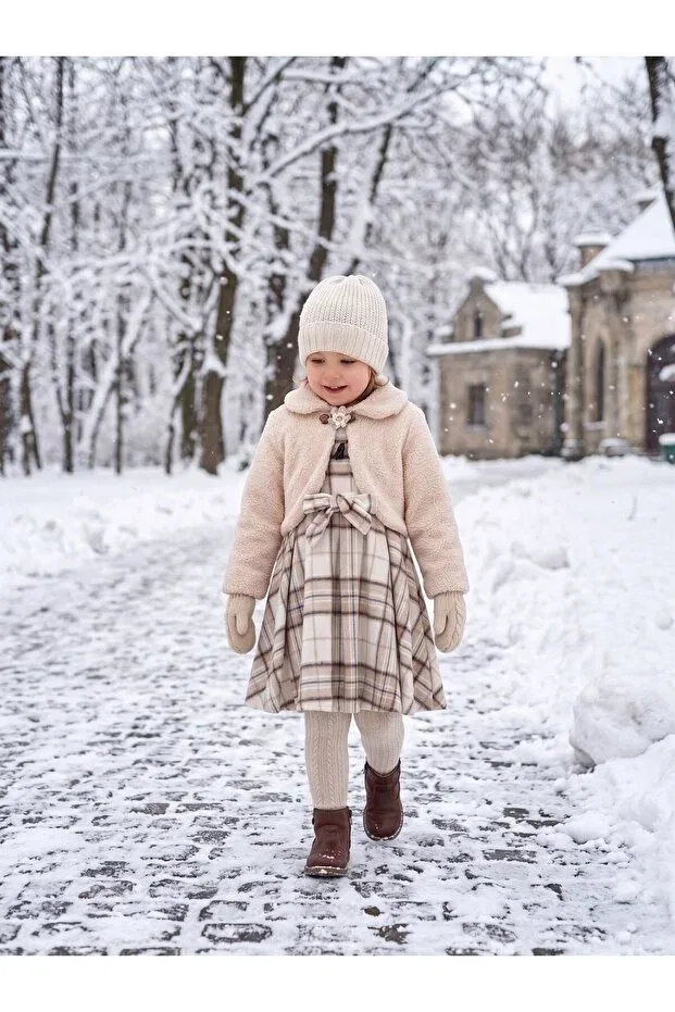 Детское платье для девочек с принтом Plaid girl's dress with plush bolero Cherrys Bebek, Cream