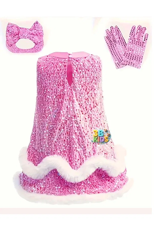 Детское платье для девочек с пайетками Velvet sequined children's dress and evening dress set - graduation gloves 3B Kids, Pink — фото 2