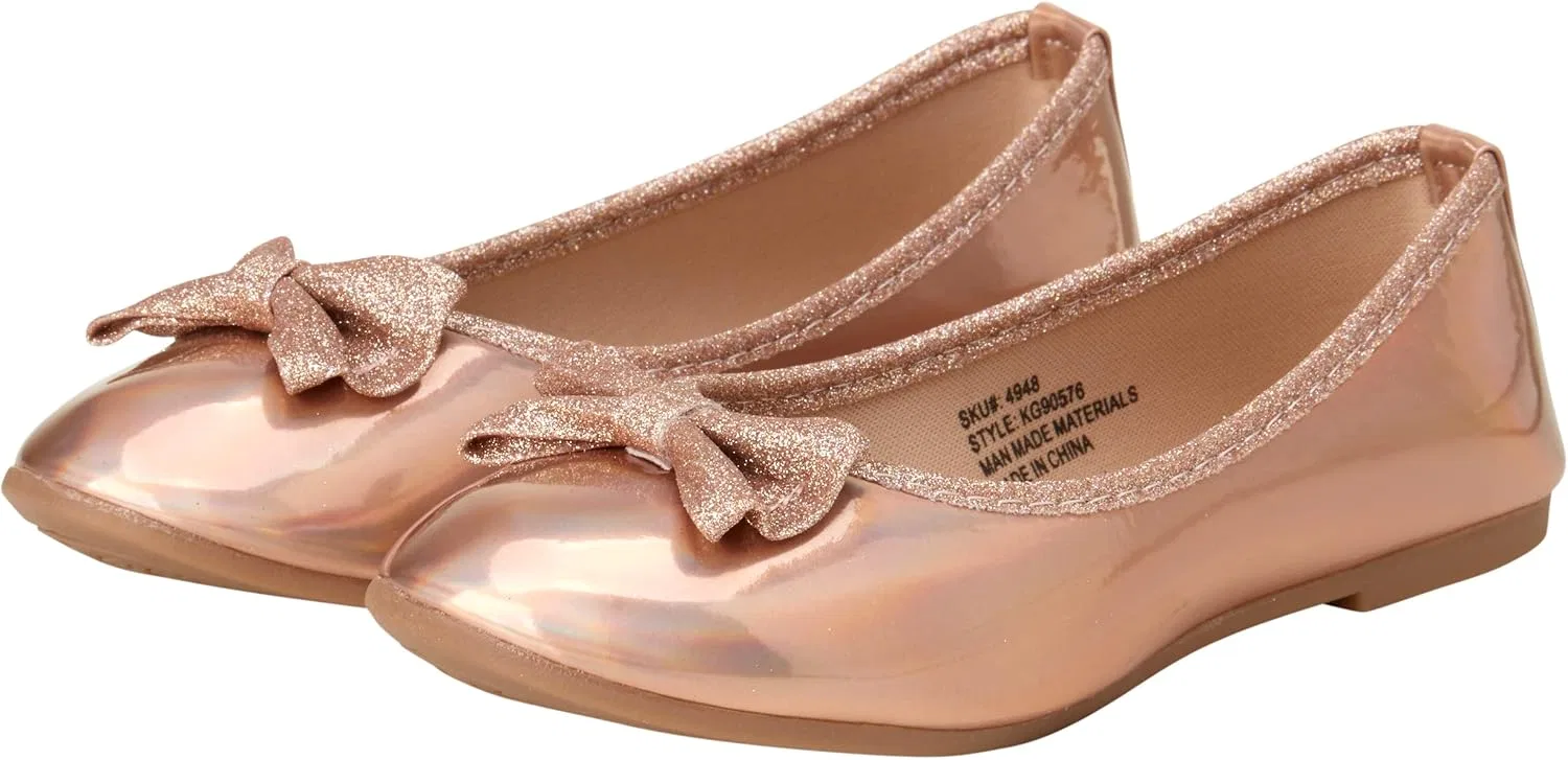Детские туфли-балетки с блестящим бантом Classic Leatherette KENSIE GIRL, Rose Gold Glitter