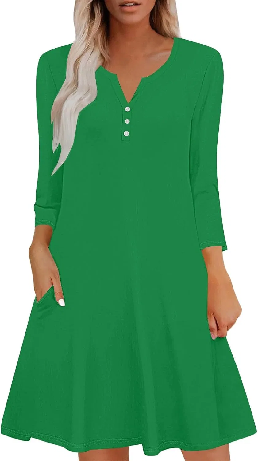 Женское платье A-силуэта с 3/4 рукавом, Green