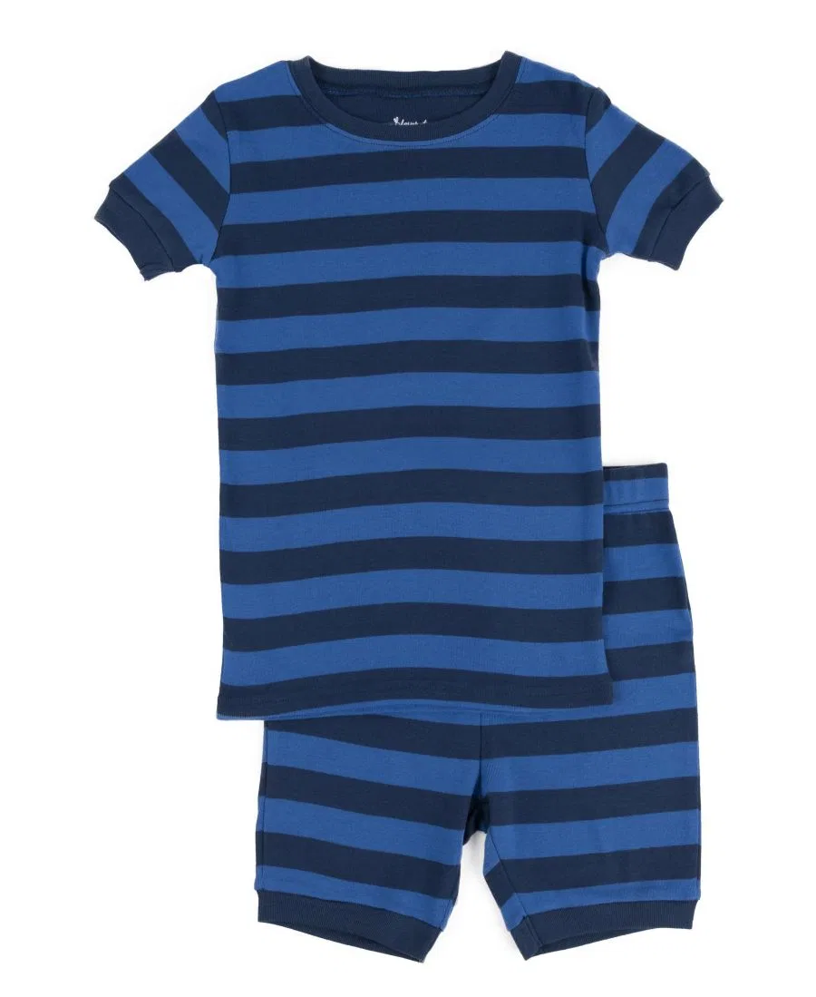 Пижама детская из хлопка с коротким рукавом и шортами, в полоску Leveret, Blue & Navy Stripes