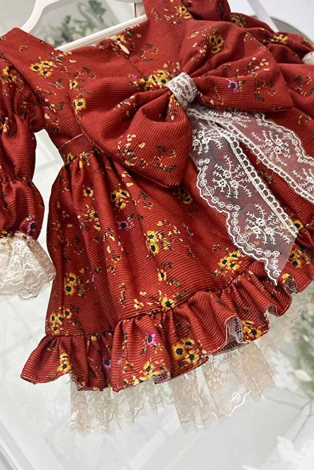 Детское платье для девочек с принтом Floral print lace velvet baby girl's evening designer dress Bertuğ Bebek, Tile — фото 3