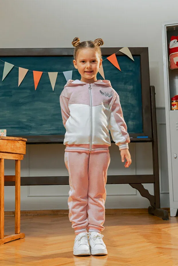 Детский комплект спортивного костюма для девочек с принтом Angel Heart Embroidered Color Block Glitter Minycenter, Pink
