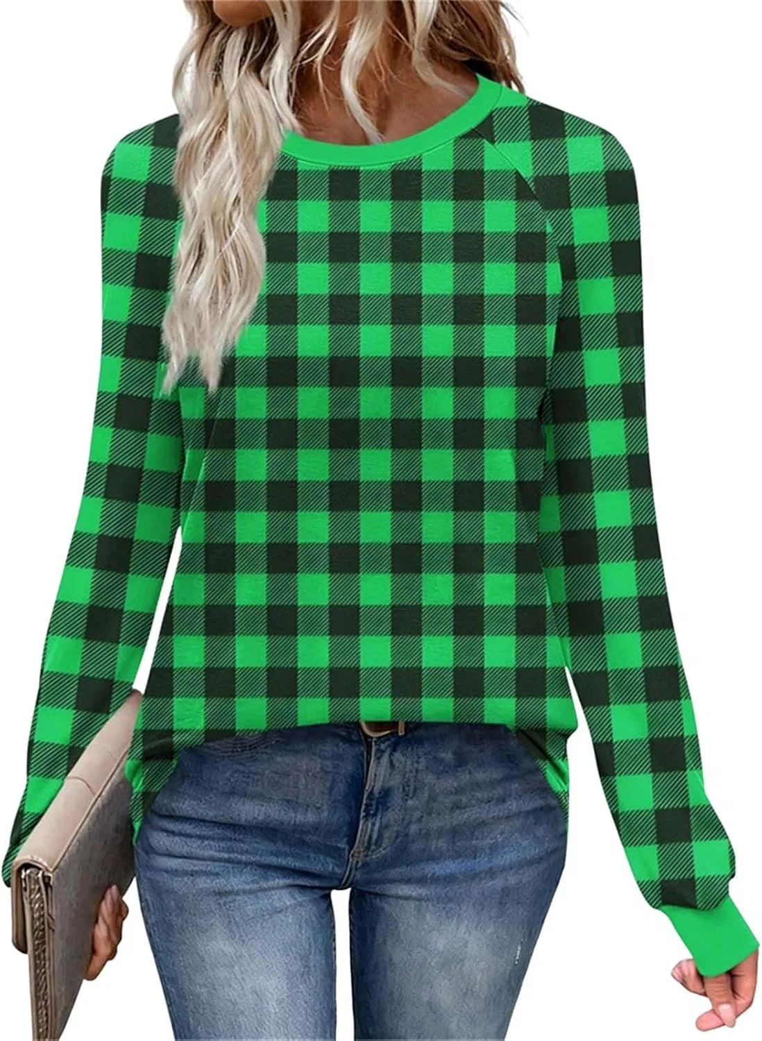Женская рубашка с принтом, Plaid Print, зелёный