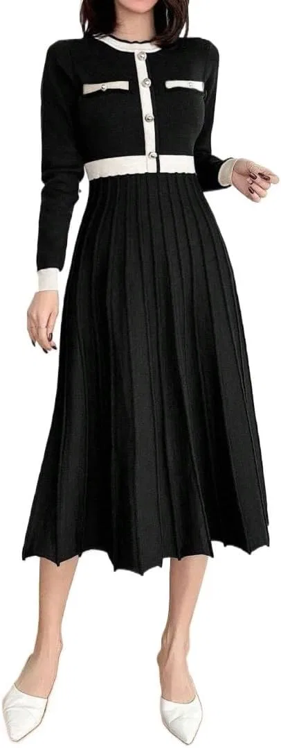Женское платье миди с принтом блок-колор Long Sleeve, Black