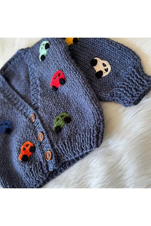 Детский кардиган с принтом Hand knitted baby/child cardigan with car motif A&D Handmade, Dark Blue — фото 3