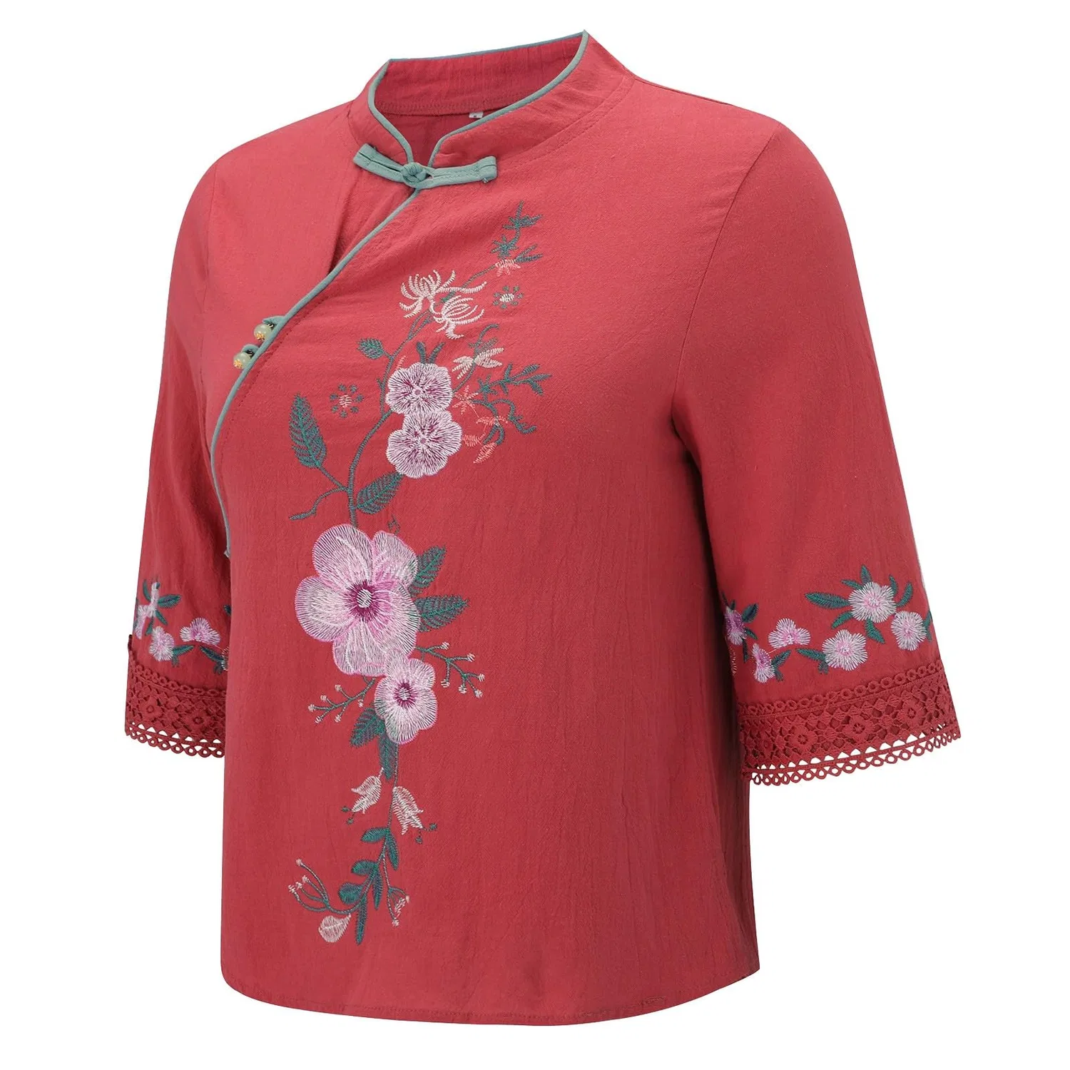 Женская блузка с длинным рукавом, китайский стиль, Red — фото 4