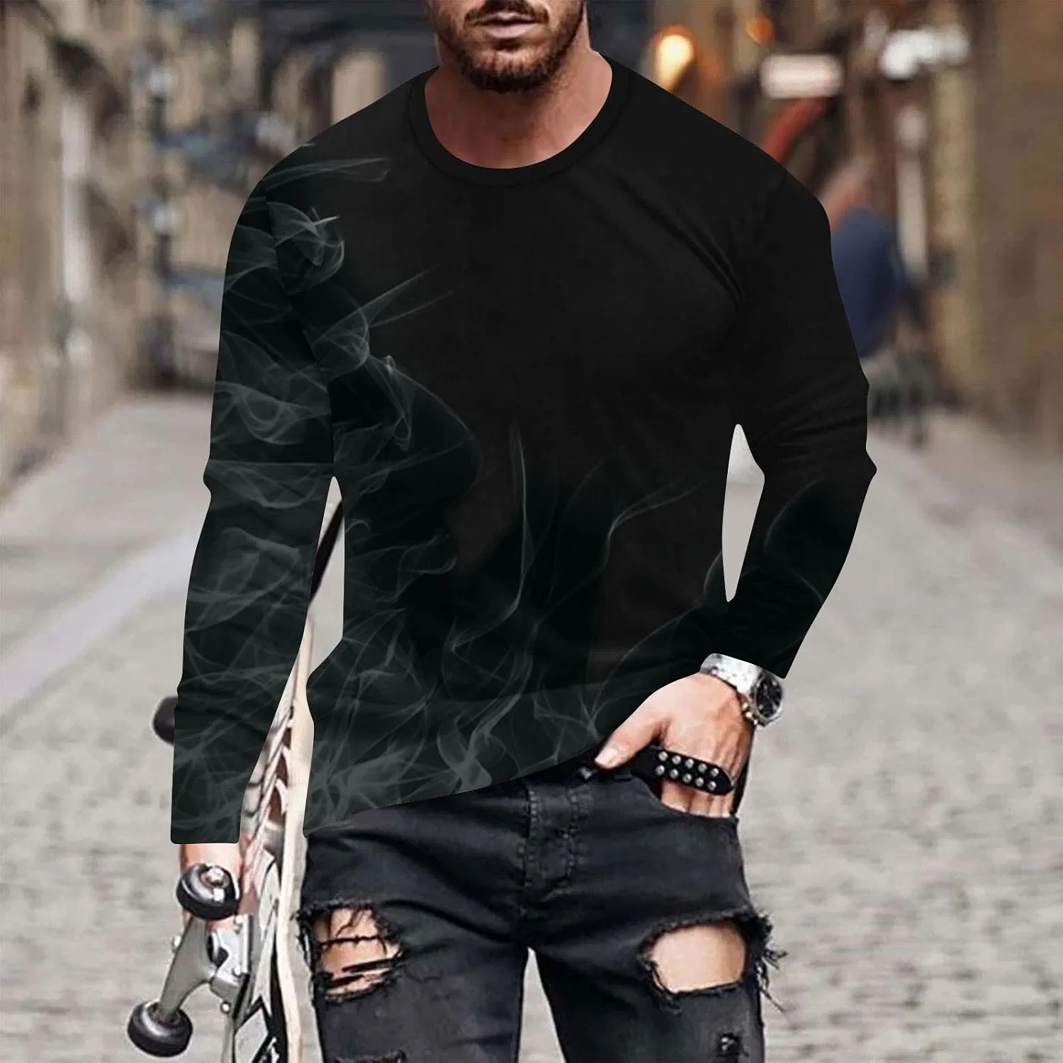 Мужская футболка с длинным рукавом с принтом пламени, Classic Crewneck, Black — фото 2