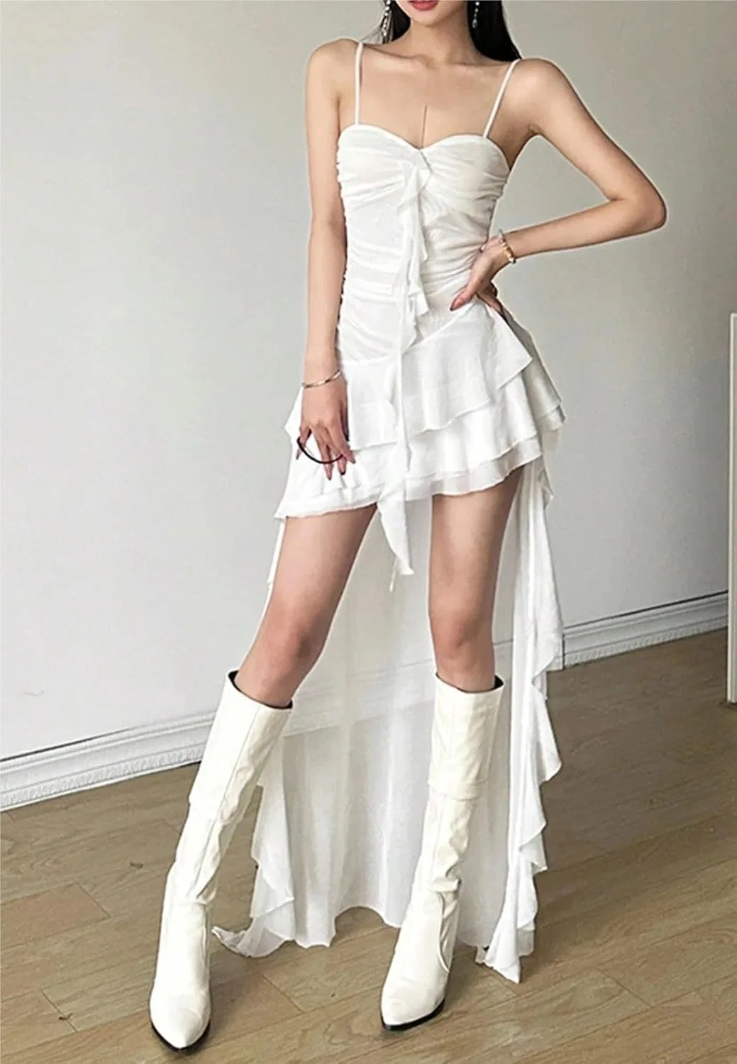 Женское асимметричное платье миди с открытыми плечами Generic, White — фото 4