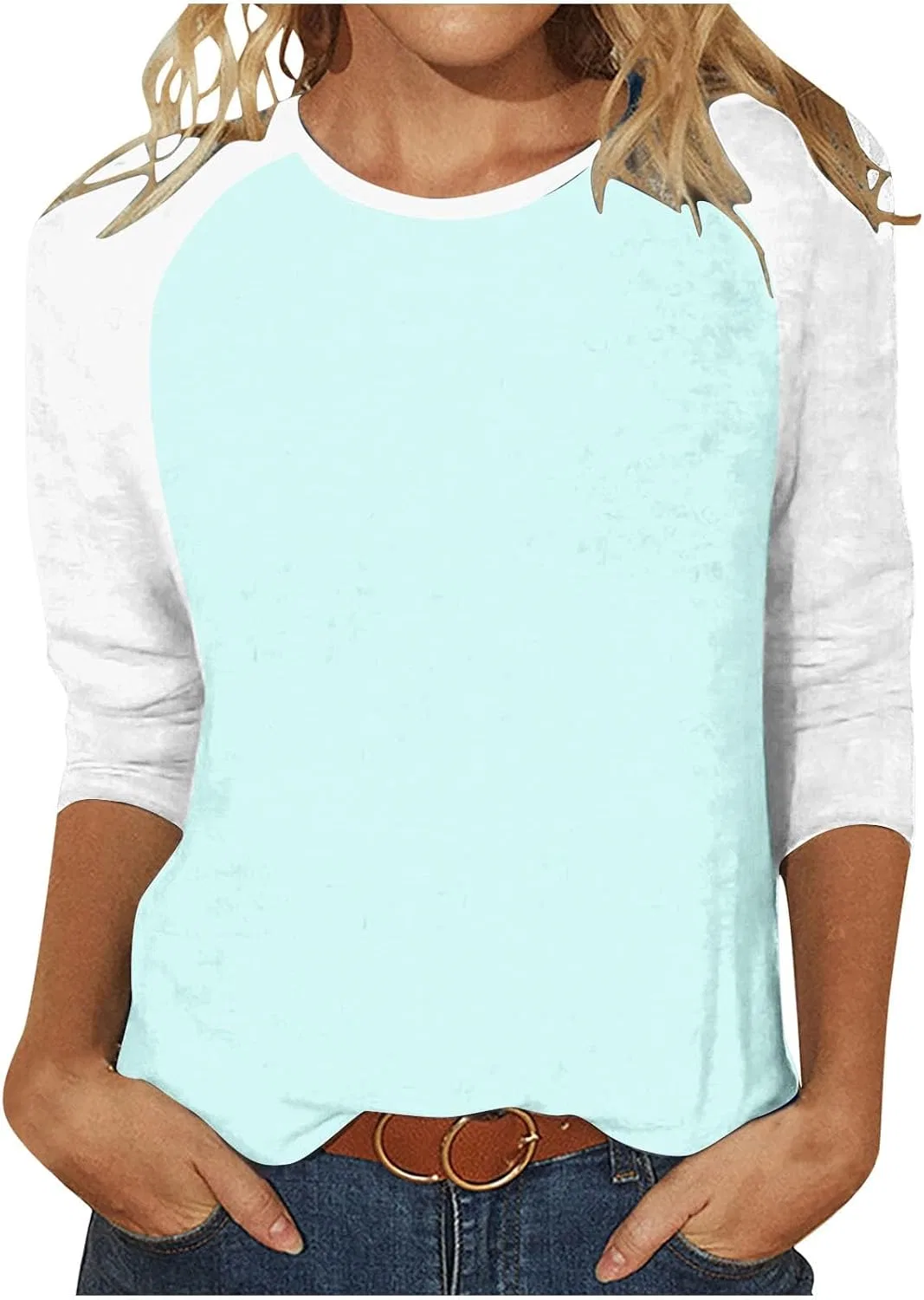 Женская свободная блуза с цветными блоками, 3/4 рукав, 03-light Blue