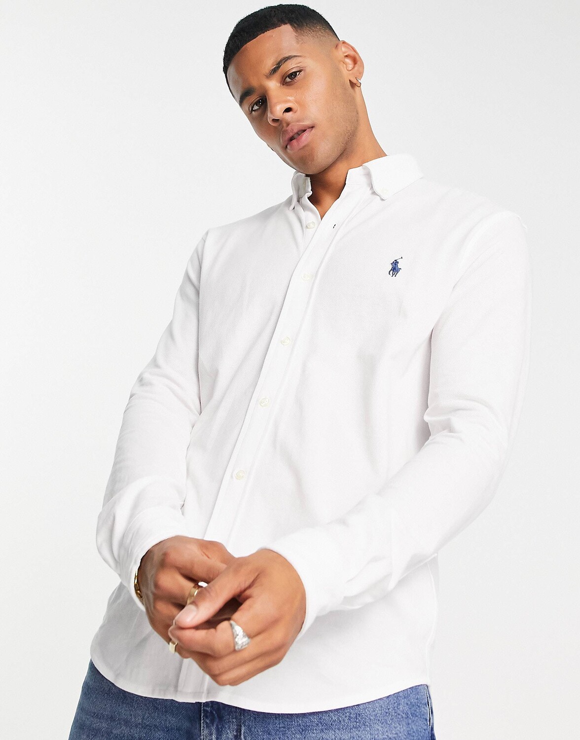 Белая приталенная рубашка из пике Polo Ralph Lauren с логотипом игрока на пуговицах