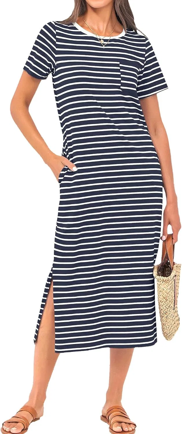 Женское платье-футболка миди с разрезом, Navy Stripe