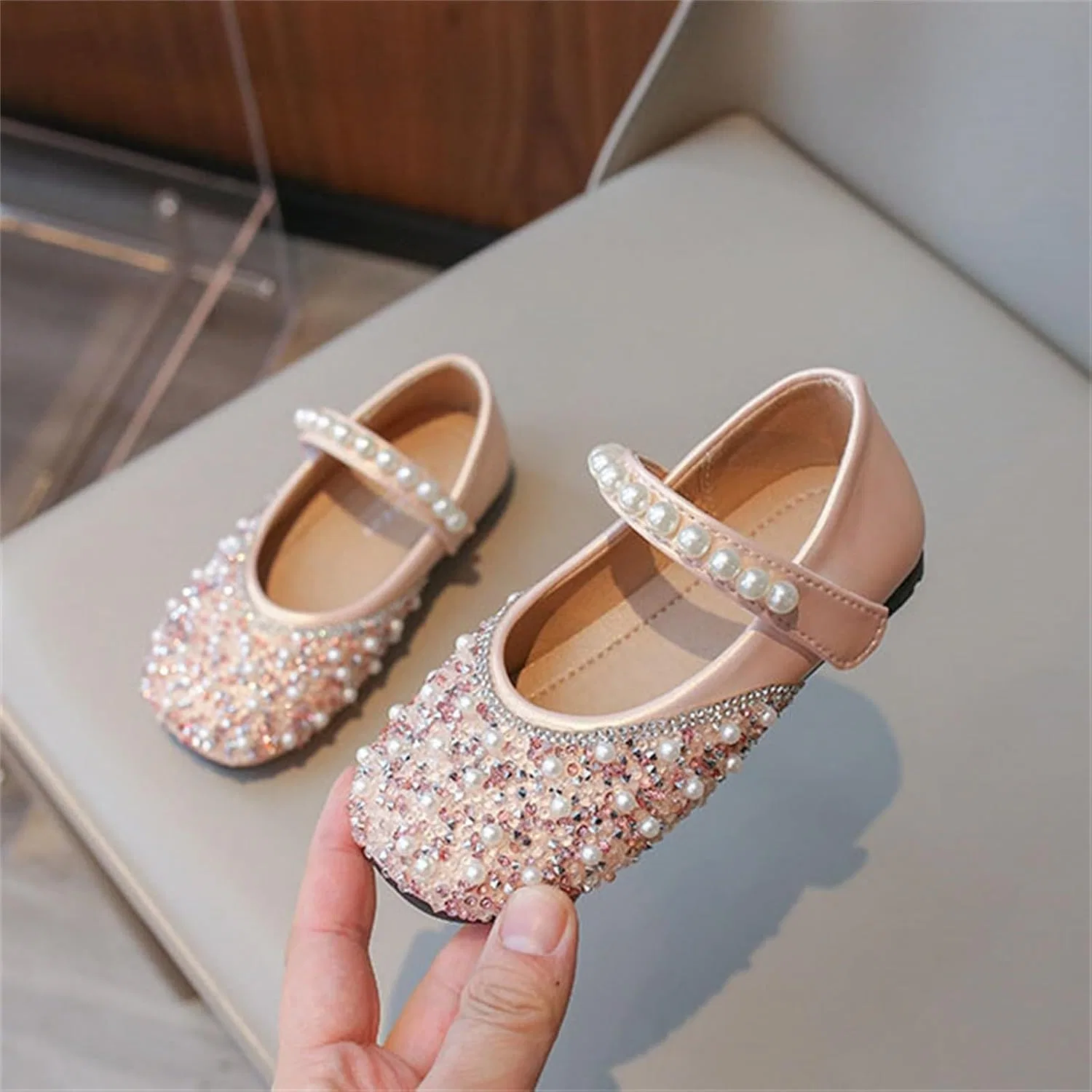 Детские туфли для девочек с бантом и жемчугом Mary Jane Princess Ballet, Red — фото 2