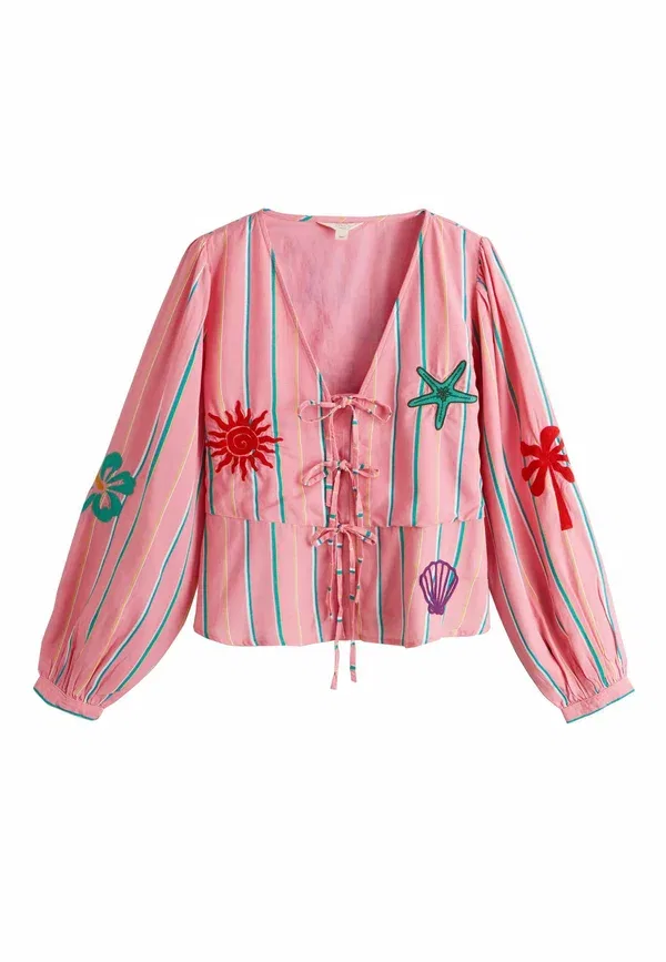 Блуза Regular fit, Next, модель tie front embroidered blouse, розовая полоска — фото 4