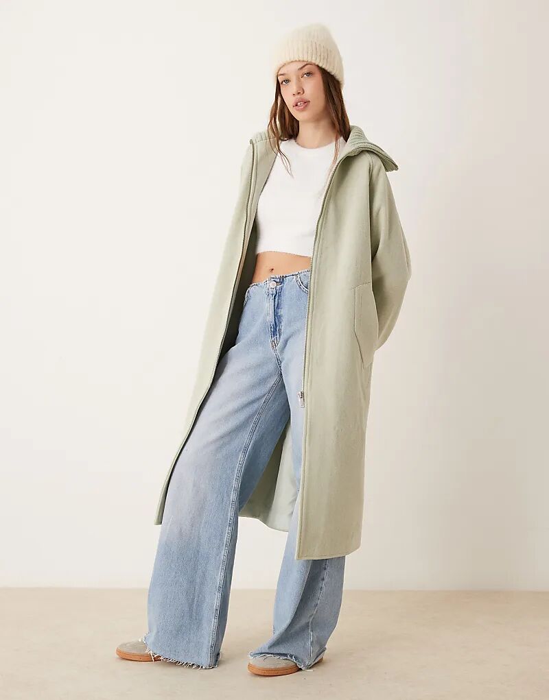 

Длинное пальто с трикотажным воротником в цвете шалфея ASOS DESIGN