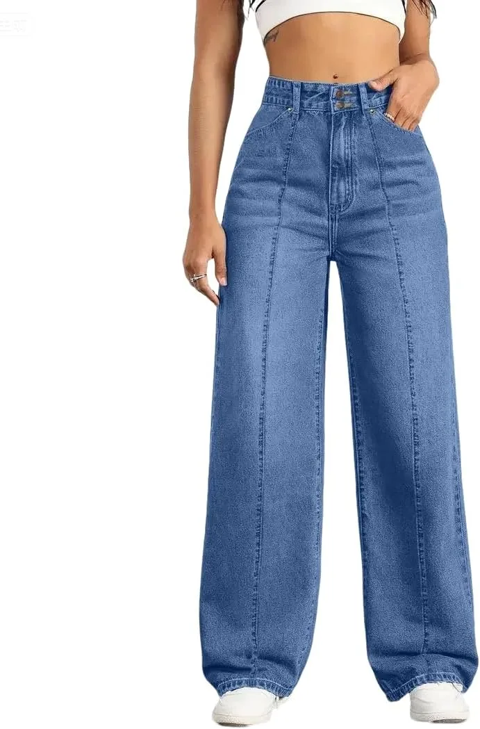 

Женские джинсы с широкими штанинами и высокой посадкой