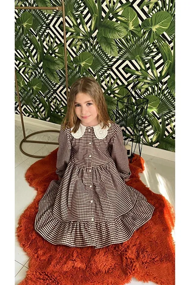 Детское платье для девочек с длинным рукавом Wednesday Ready Collar Vintage Generic Brands, Burgundy-Cream Checked — фото 3