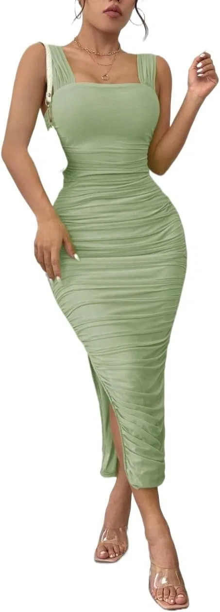 Женское элегантное длинное платье на бретелях с разрезом Mint Green
