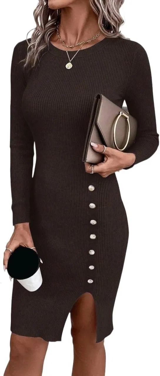 Женское короткое платье с разрезом Rib-Knit, Coffee Brown