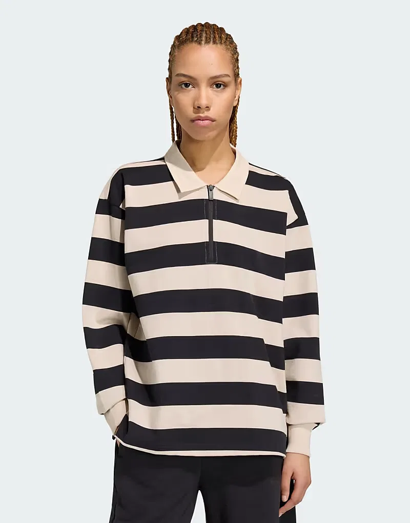 Поло Adidas Sportswear Essentials в современном стиле с длинными рукавами из французского махрового трикотажа, черный/кристально чистый лен
