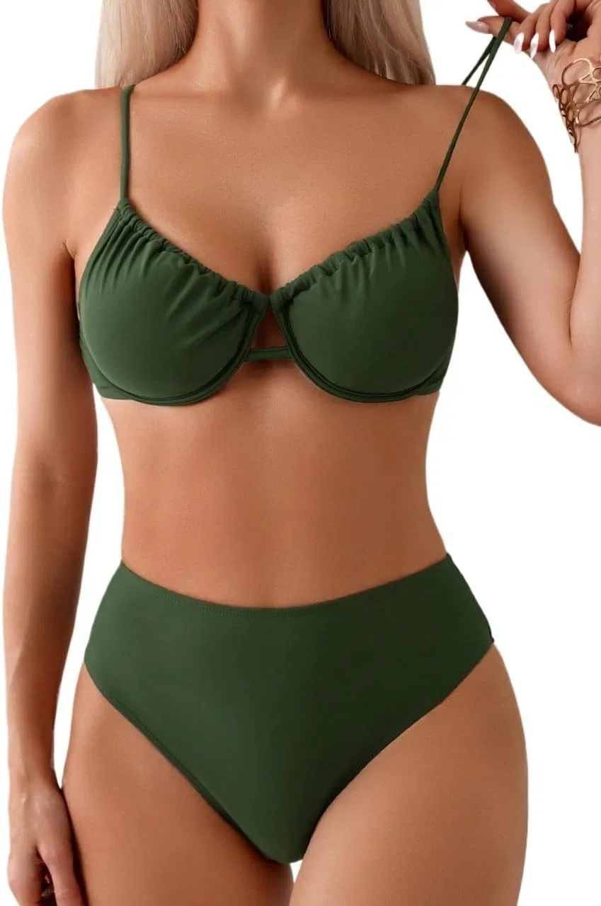 Женский бикини-сет с завышенной талией и бретельками-спагетти, Army Green