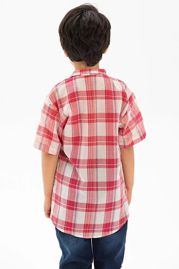 Детская рубашка для мальчиков с коротким рукавом Eliş Şile Bezi, Red Cream Plaid — фото 2