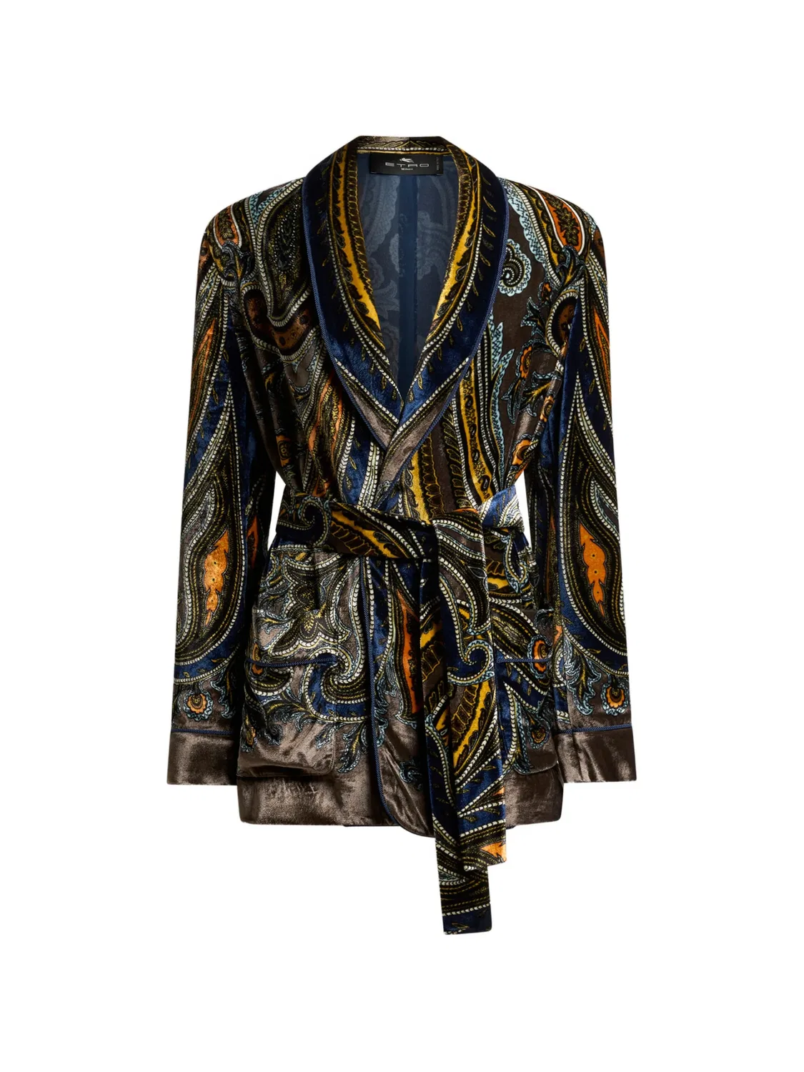 Бархатный жакет с поясом и узором «пейсли» Etro, коричневый