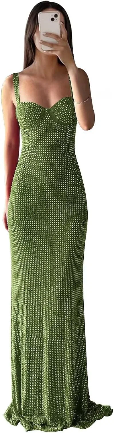Женское вечернее платье-русалка с пайетками Spaghetti Straps, Olive Green