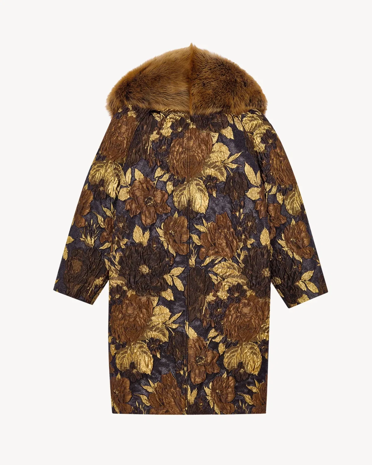 Пальто-кокон с воротником-шалькой из овчины Saint Laurent, коричневый — фото 2