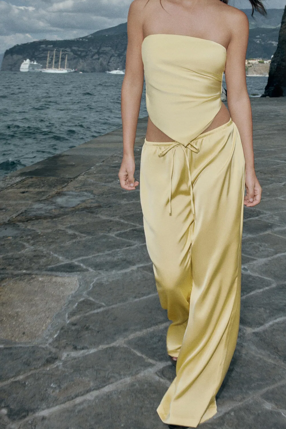 Атласные брюки на шнурках ZARA, Yellow — фото 4