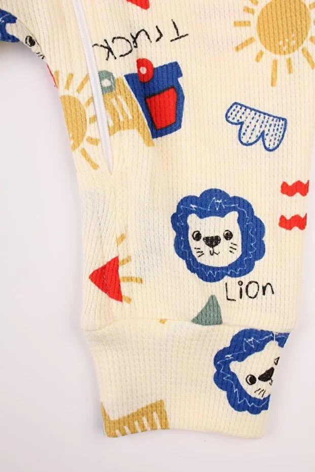 Детский комбинезон для новорожденных с принтом Zippered baby romper waffle fabric lion printed romper Bogibaby, Sarı — фото 4