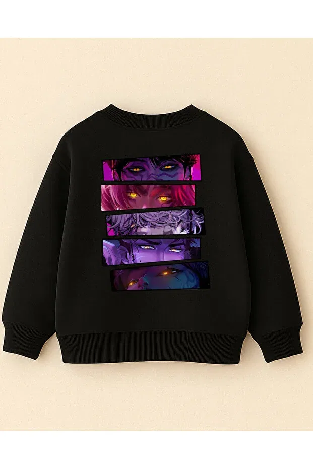 Детское худи оверсайз с принтом Kpop Demon Hunters Saja Boys Front Back Printed Oversized Unisex Children's Sweatshirt Without Sharadon Long Sleeve Fasardi, Black