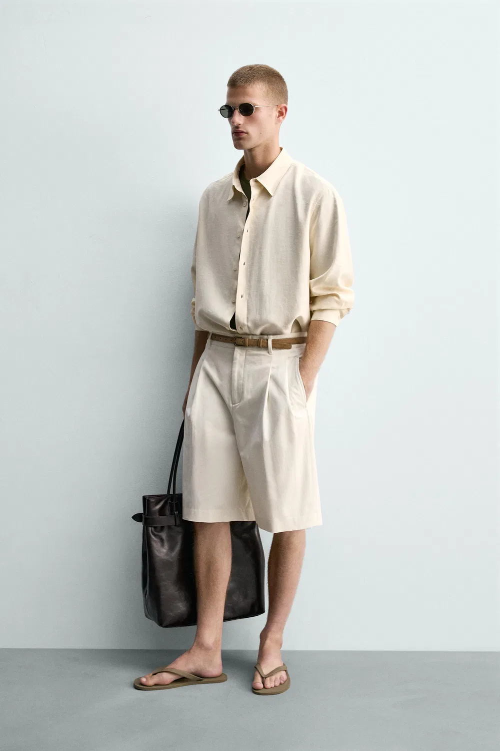 Шорты-бермуды с широкими штанинами и плиссировкой ZARA, Oyster-White — фото 4