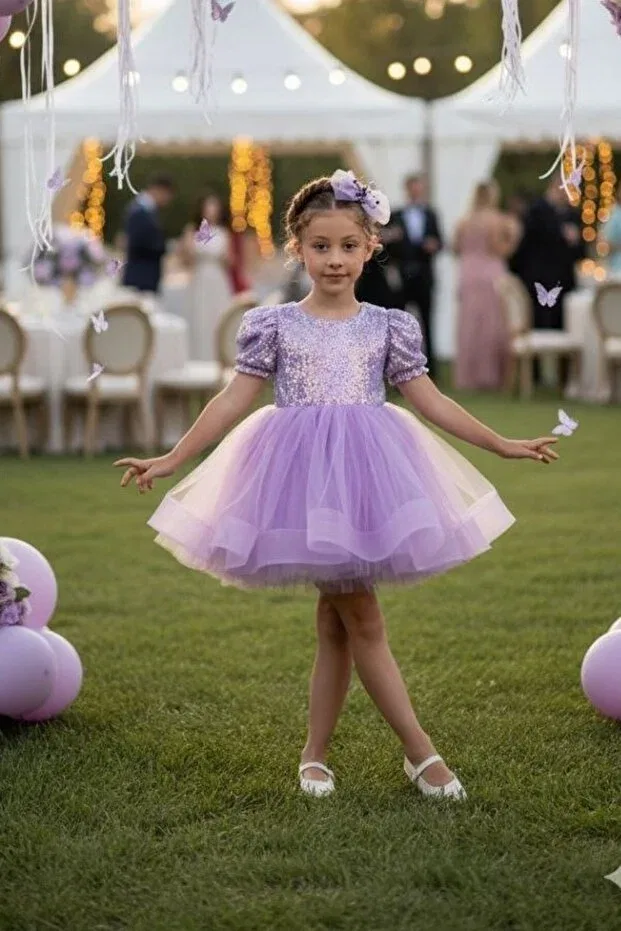 Детское платье для девочек с пайетками Lilac sequined short sleeve ball gown pageant gown april 23 kids evening dress Abiyekids, Lila