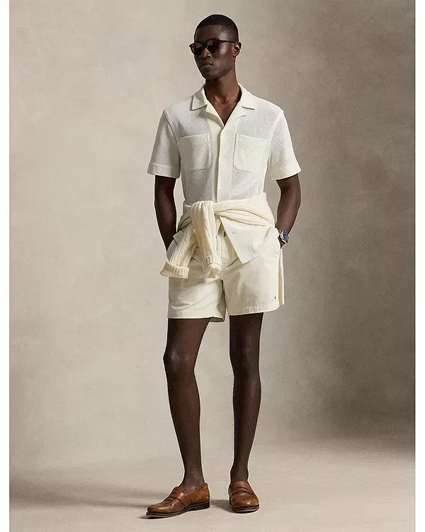 Мужская рубашка с принтом Textured Pointelle Camp Shirt Polo Ralph Lauren, Pale Cream — фото 2