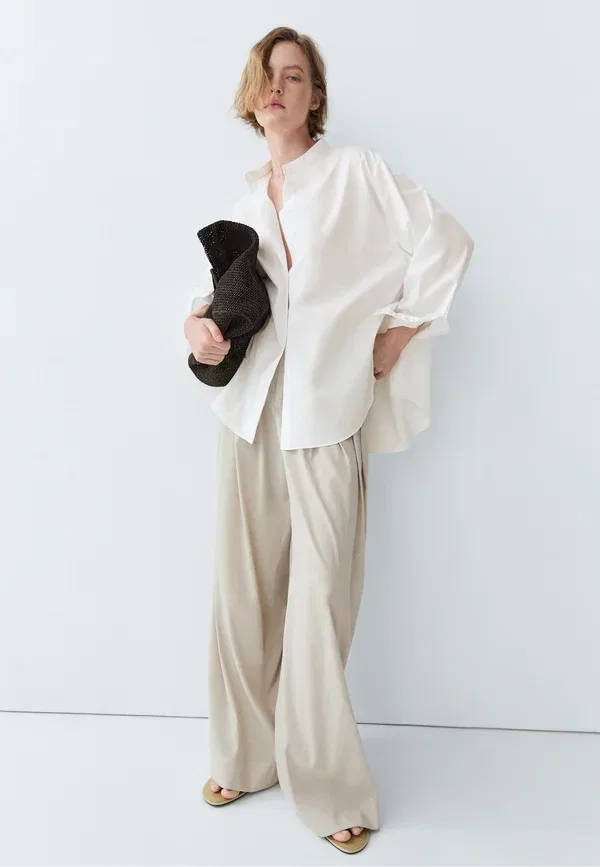 Блуза с воротником-мандарин, хлопок, button-down blouse, Massimo Dutti, White Denim, белый — фото 4